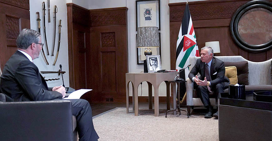 His Majesty King Abdullah speaks during an interview with Jordan News Agency, Petra’s Director General Fayeq Hijazin  (Photo courtesy of Royal Court)